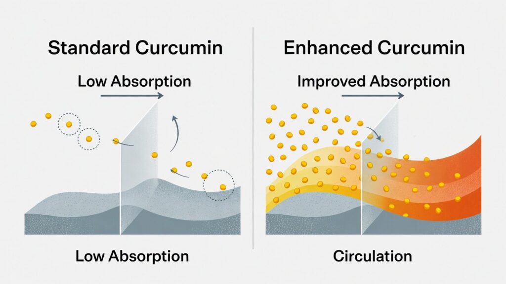 Comparison illustrating low absorption of standard curcumin versus improved absorption with enhanced formulations