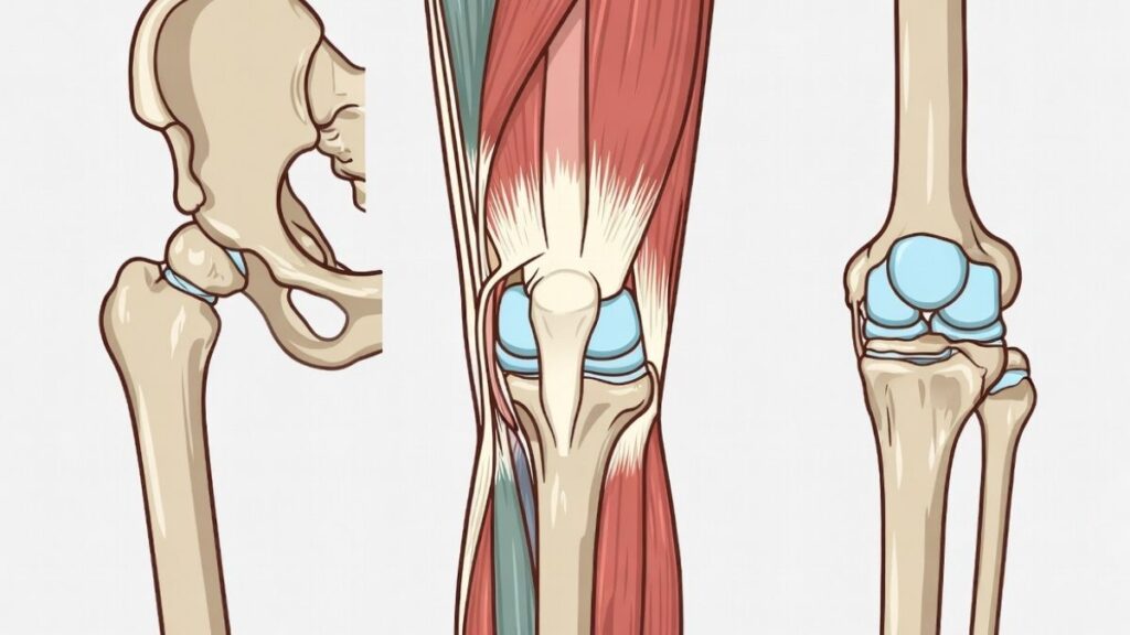 Diagram showing knee joint supported by quadriceps, hamstrings, and glute muscles