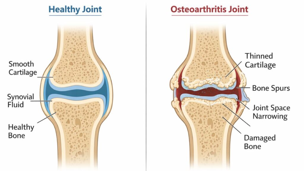 comparison of healthy joint vs osteoarthritis showing cartilage breakdown