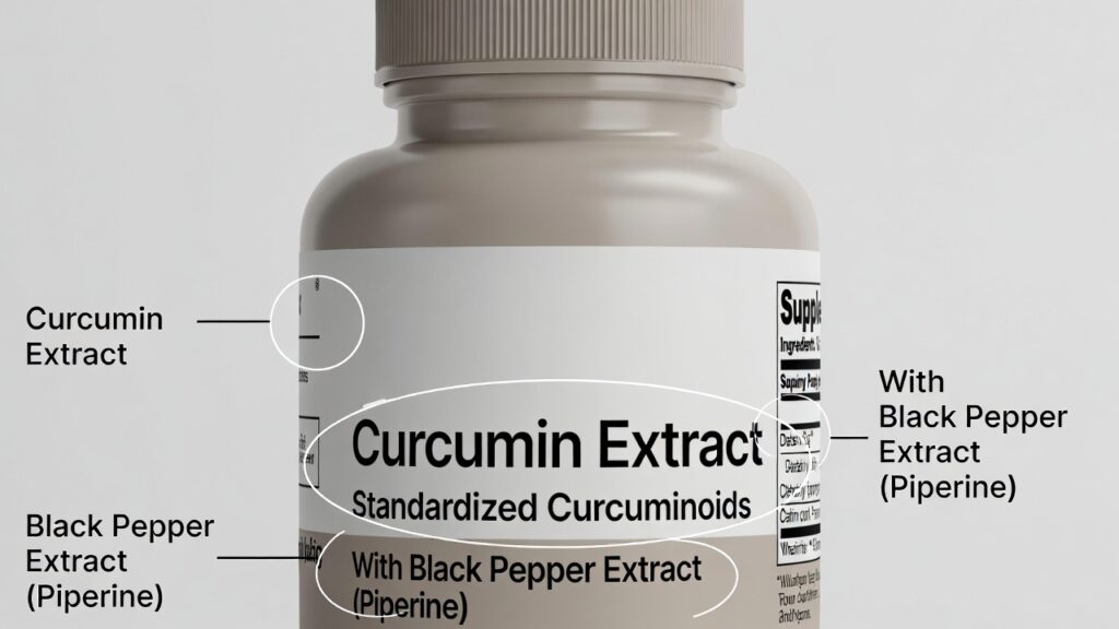 Close-up of a curcumin supplement label showing extract concentration and black pepper for absorption