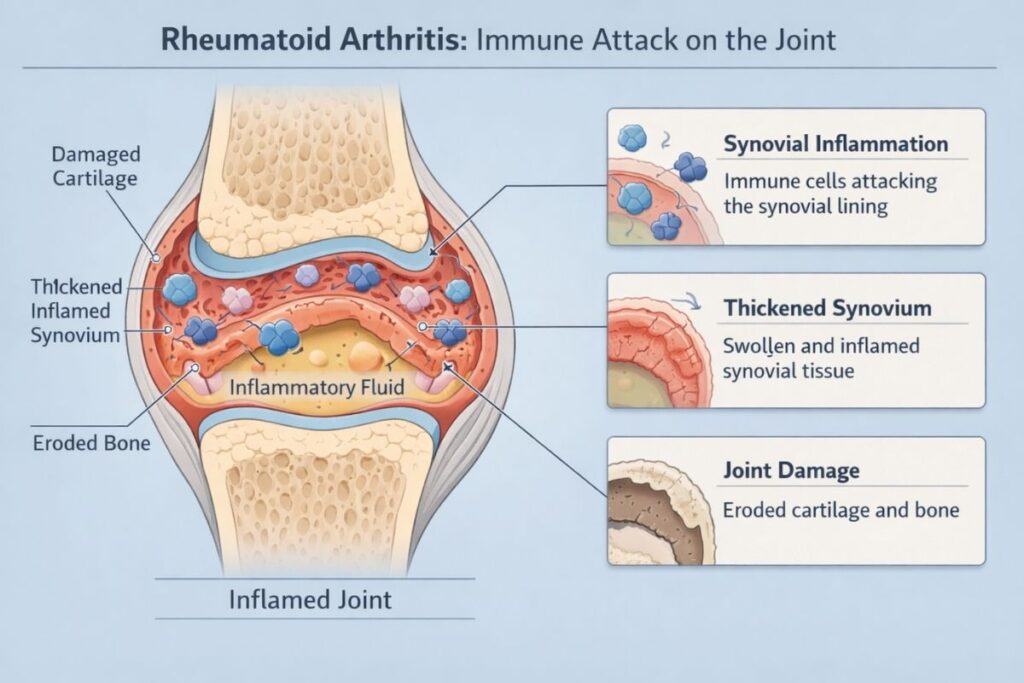 diagram showing immune system attacking joint lining in rheumatoid arthritis