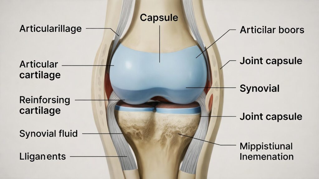 joint anatomy showing cartilage, synovial fluid, and bone structure