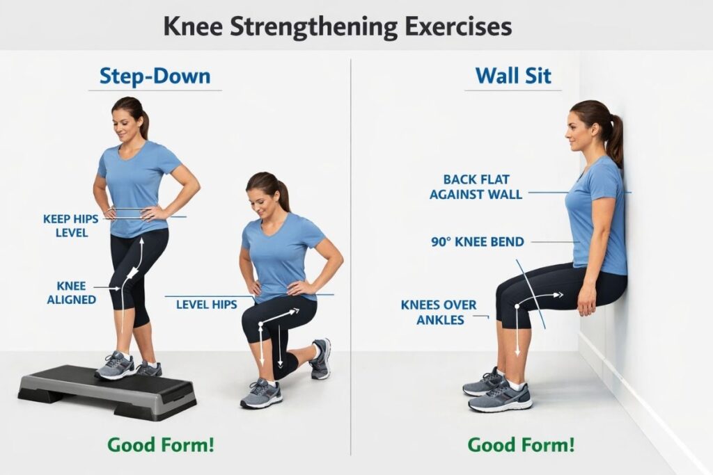knee strengthening exercises demonstrating proper alignment and control