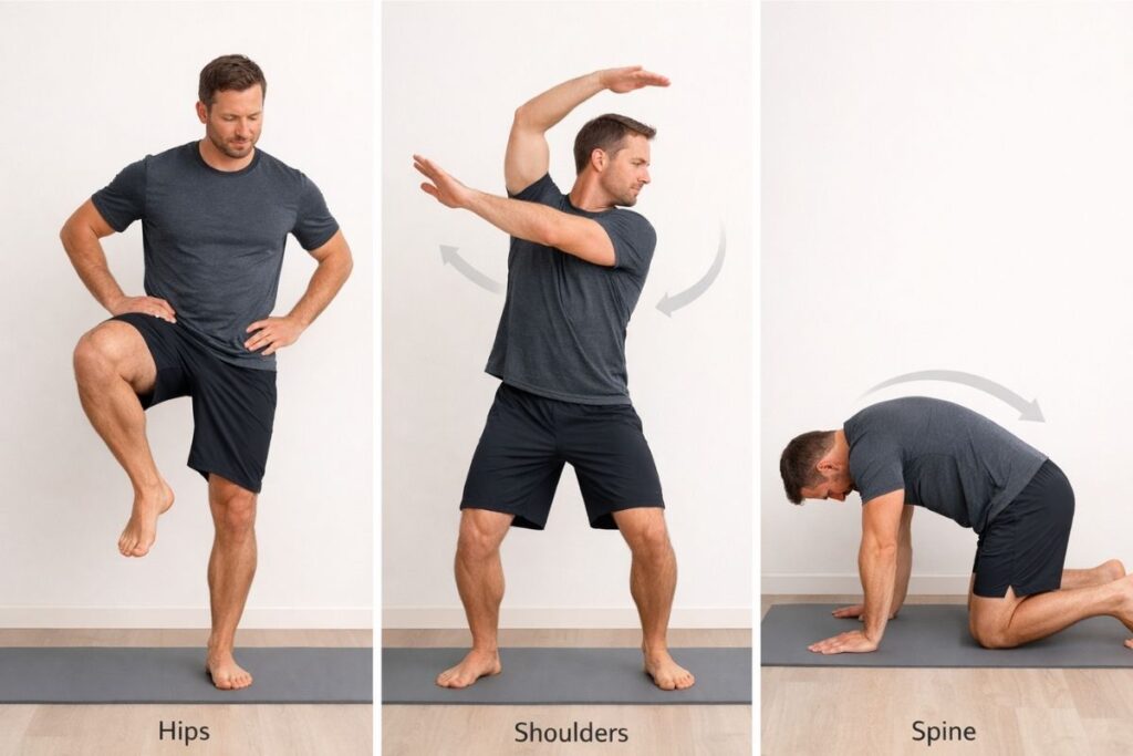 mobility exercises showing controlled joint range of motion