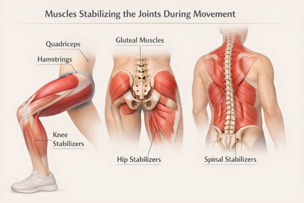 muscles stabilizing joints including knees hips and spine during movement
