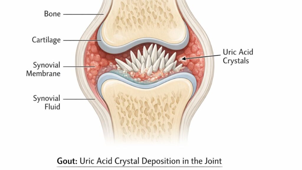 uric acid crystals accumulating inside joint causing gout